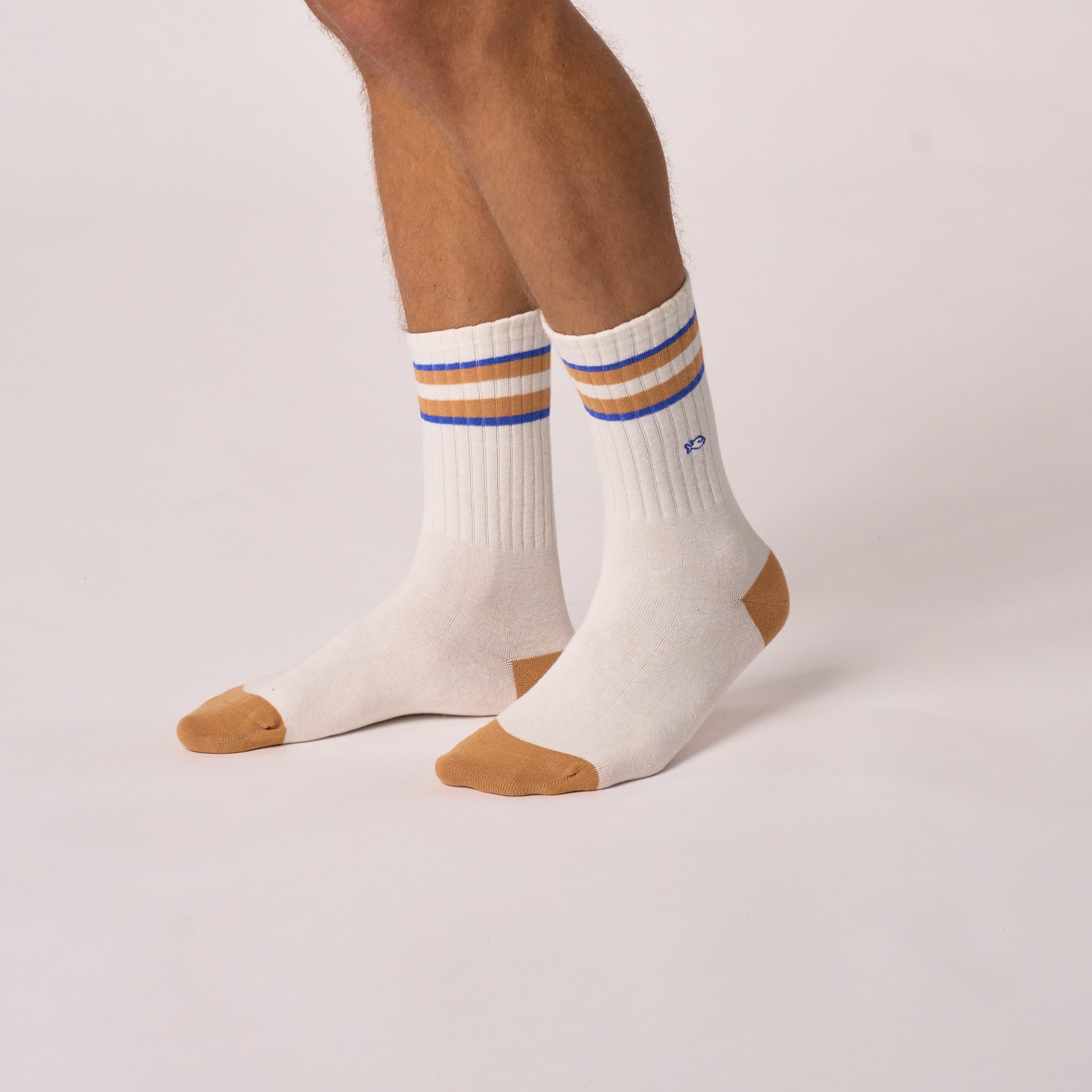 Retro Cotton Socks - White, Blue + Caramel
