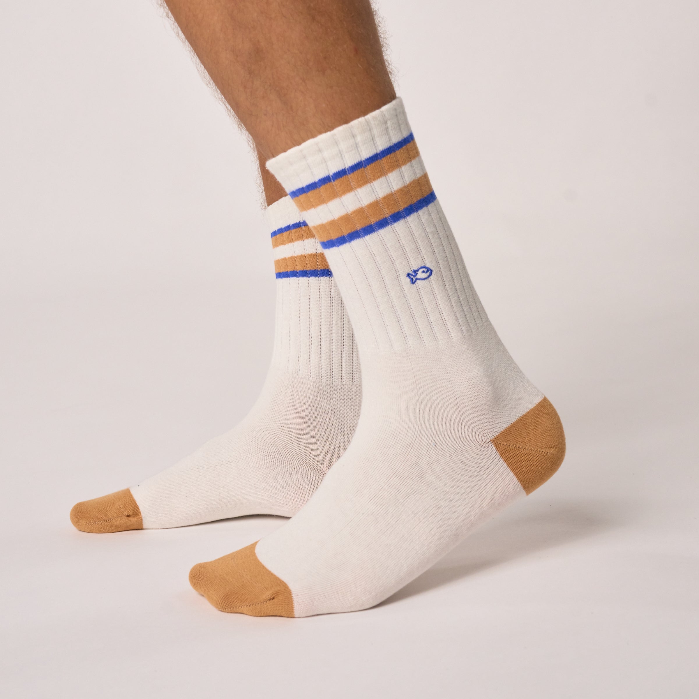 Retro Cotton Socks - White, Blue + Caramel