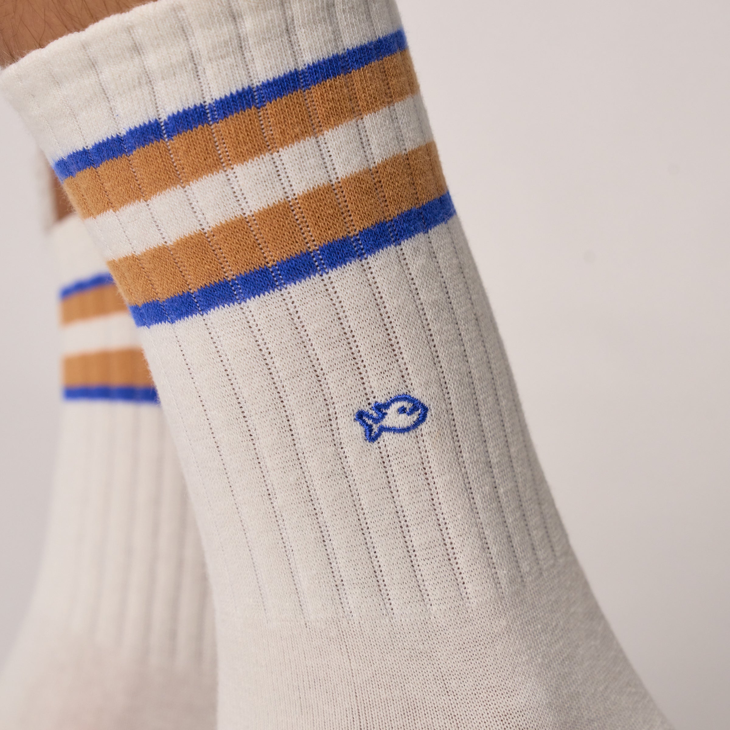 Retro Cotton Socks - White, Blue + Caramel