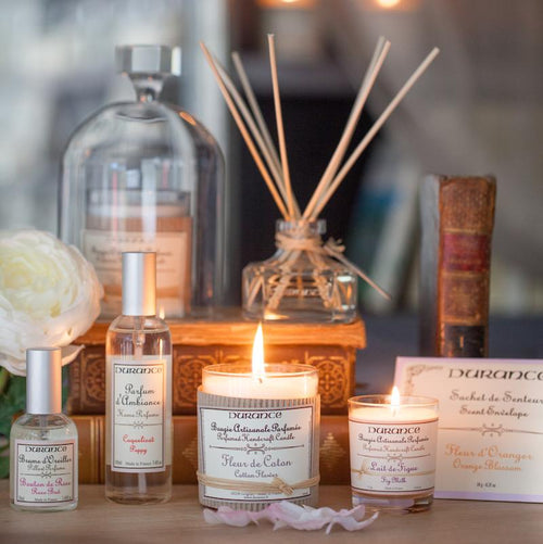 Durance designer home fragrance range, room diffuser, candles, room spray and pillow spray. 