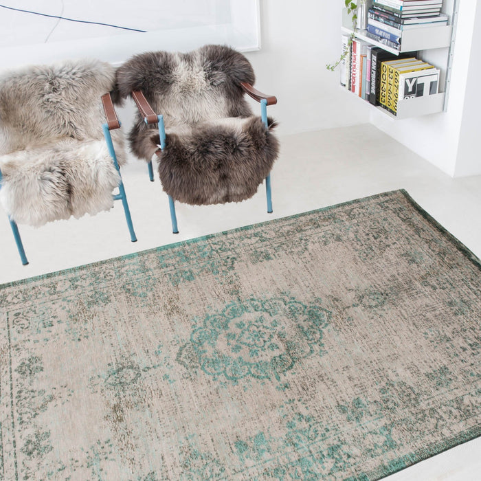 Mint and cream Belgian rug in home designer belgian rug faded look