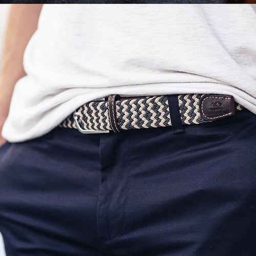 Mens woven designer belt leather and cotton on model zig zag grey/blue and cream colour