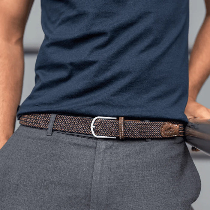 Mens woven designer belt leather and cotton on model zig zag grey/blue and cream colour