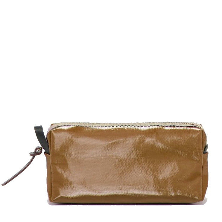 Brown patterned handbag with gold accents on a white background