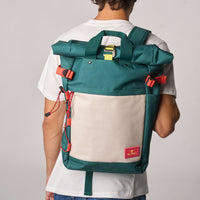 Roll Top Backpack Green and Ivory