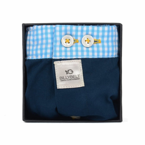 cotton boxer shorts in navy blue with light white and blue check around elastic top