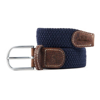 Elastic braided belt in dark blue, with brown leather finish