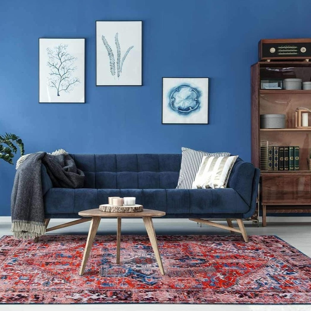 livingroom view of faded rug in red tones 