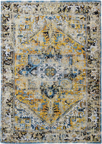 full view of faded rug in blue and earth tones 